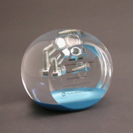 Custom Lucite sphere recognition award with embedded fastners- nuts and bolts