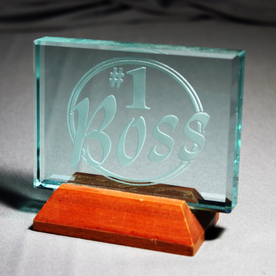 Etched  engraved  embedment or printed Crystal plaque with wood base award or gift