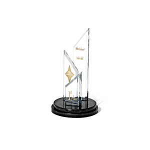 Ebony Stone, Starphire Glass, Transparent, Slanted Top, Tiered Base, Tiered Tower, Round Base, Recognition, Achievement, Appreciation