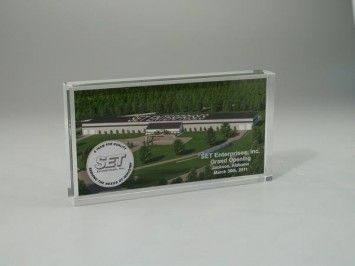 Custom Lucite embedment award with picture of manufacturing facility building