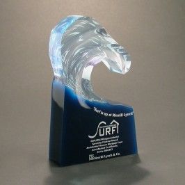 Lucite recognition award or trophy with ocean waves 
