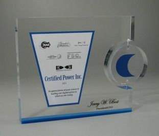Custom shaped interactive motion Lucite award with spinning circle 