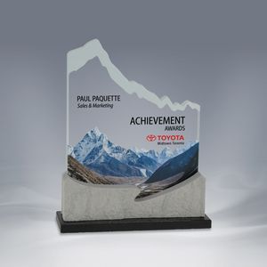 Alpine, Award, Recognition, Awknowledement, Accomplishment, trophies, Appreciation, Glass, Stone, Granite Base, Outdoor, Mountain, Full Colour Imprint, Made in Canada