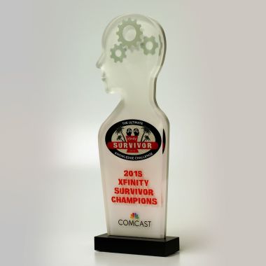 Custom shaped figurine trophy out of Lucite.