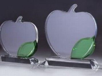Custom apple shaped crystal award with apple leaf