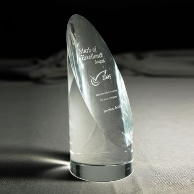 Custom crystal cylindrical trophy with flat angled face