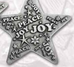 Stock, Pewter, Pewter Star, Joy, Peace, Tinsel Cord, Christmas Tree Decoration, Hanging Decoration, Tree Hanger