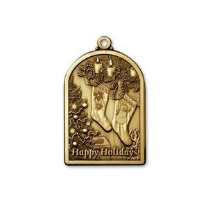 Stock, Solid Brass, Die Struck Brass, Happy Holidays, Fireplace, Stocking, Rectangular, Arched Top, Hanging Decoration, Satin Ribbon, Christmas Tree Decoration, Tree Hanger