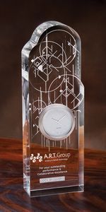 Optic, Arch Top, Transparent, Timepiece, Hour Hand, Minute Hand, Etched Circle, Achievement, Recognition, Self Standing, Thick, Tower, Artist Signature, Frosted, Glass
