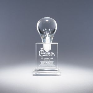 Transparent, Bulb, Idea, Light, Achievement, Recognition, Employee Appreciation, Rectangle Base, Square Corner, Rounded Top, Thick, Heavy, Rectangle, Glass, Custom, Self Standing, Trophy