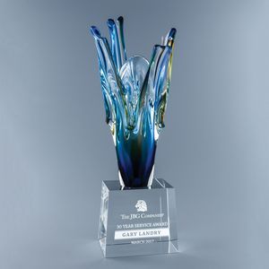 Handcrafted, Optic Crystal Base, Cube Base, Achievement, Recognition, Color Swirl, Trophy, Self Standing, Transparent, Glass, Translucent, Thick, Heavy