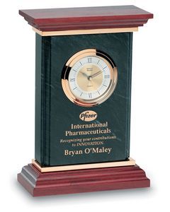 Achievement, Recognition, Stone, Battery Included, Rectangular, Tiered Base, Tiered Top, Flat Top, Beveled, Round Face, Wooden Base, Hour Hand, Minute Hand, Second Hand, Quartz Movement, Roman Numeral