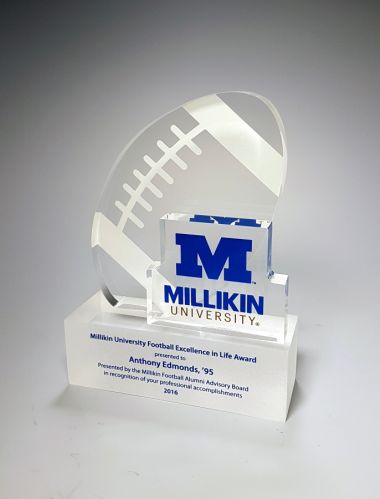 Football shaped award with separate M logo