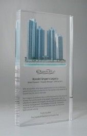 Office building picture embedded within Lucite award
