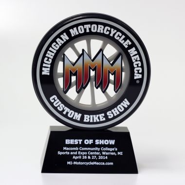 Custom shaped Lucite trophy or award tire shaped on base