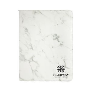 White marble, leatherette, zipper, portfolio, 50 page, notepad, laser imprint, personalization, gift
