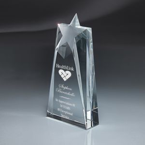Optic Crystal Star Collection, Optic Glass, Star Tapered Tower, 5 Point Star, Recognition, Achievement, Wedge, Freestanding, Transparent