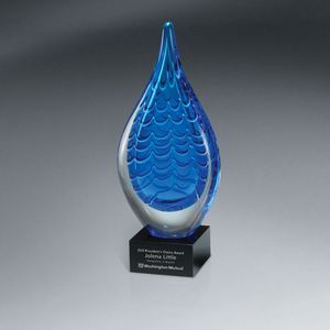 Sculpted Droplet, Large, Indigo Stream, Art Glass, Glass Base, Handcrafted Original Teardrop, Water Drop, Contrast Swirl Center, Recognition, Achievement