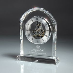 Birmingham Series, Optic Glass, Transparent, Arched, Desktop, Timepiece, Round Face, Round Bezel, Roman Numeral, Hour Hand, Minute Hand, Second Hand Dial, Rectangle Glass Base, Recognition, clock