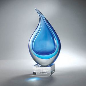 GM742c, art glass, blue, white banner, blown glass, clear base, Pacesetter awards, gift, handcrafted, handmade, one of a kind
