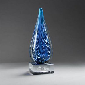 GM741, art glass, blue, white banner, blown glass, clear base, Pacesetter awards, gift, handcrafted, handmade, one of a kind