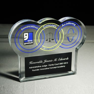 Custom shaped Lucite recognition award with 3 rings trophy  interlocking rings award