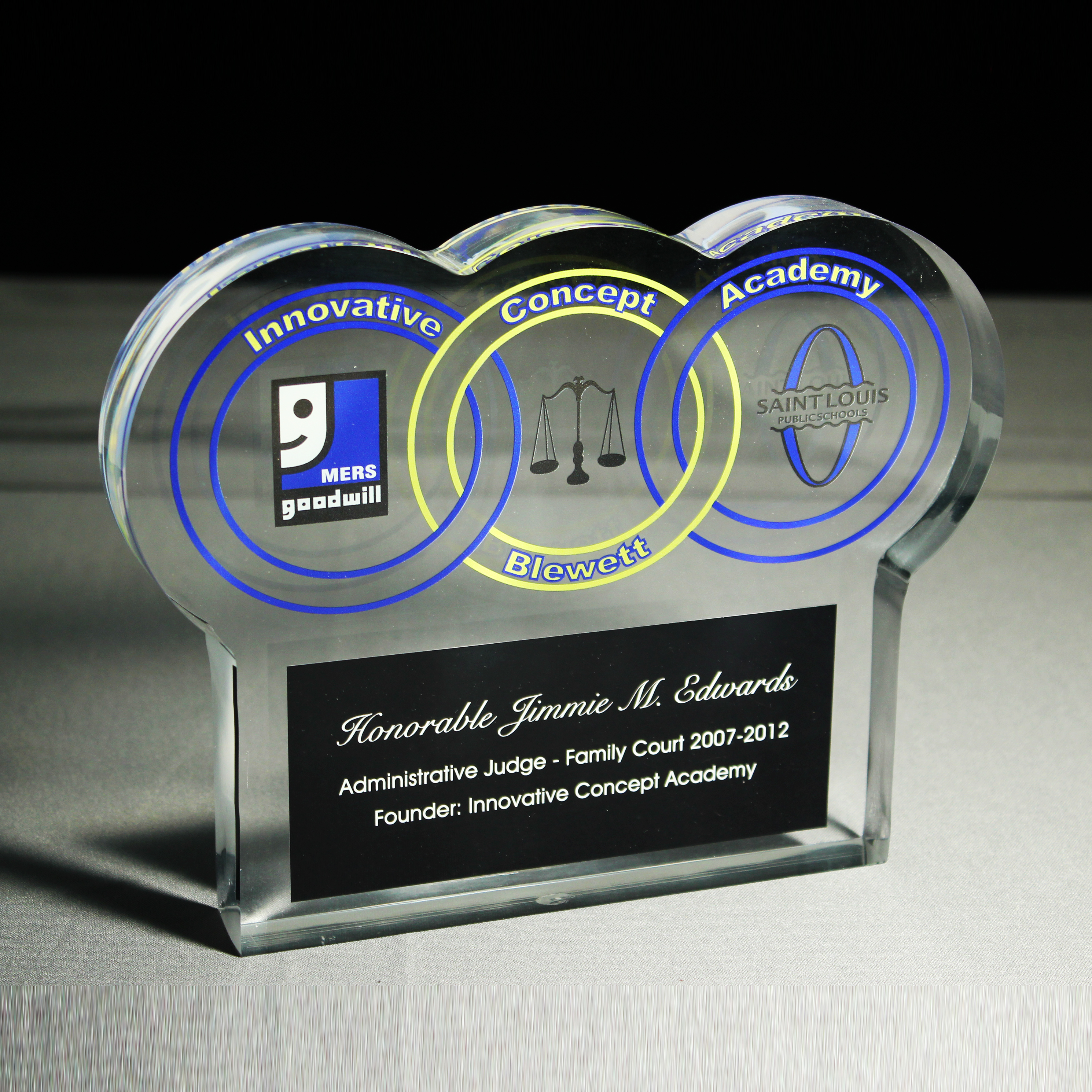 3 circles make up this custom Lucite awards or trophy