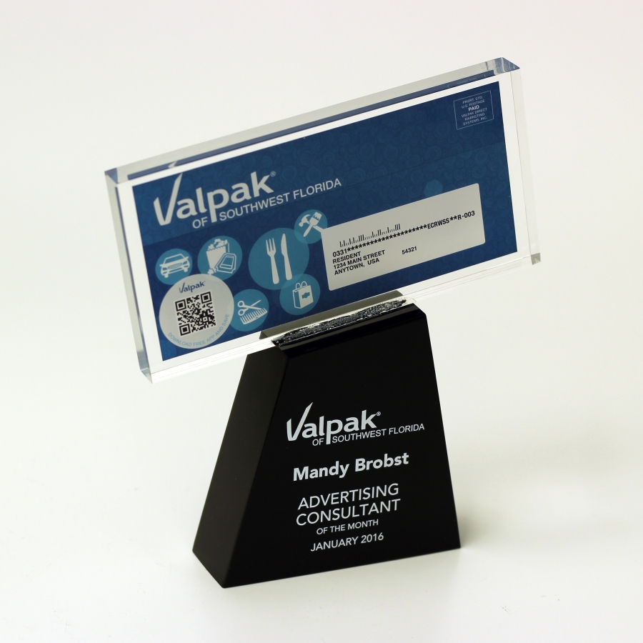 Custom shaped Valpak coupons award on custom base.