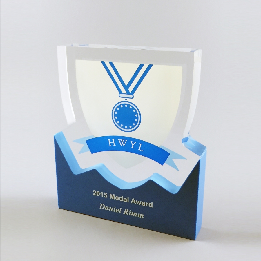 Custom Lucite shield with blue base award trophy